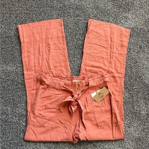 Wide-Leg Linen Blend Pants with Tie Waist - Coral